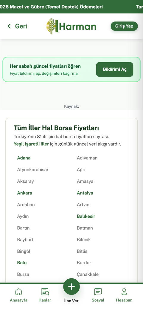 Harman App 81 İl Hal Borsası ekranı