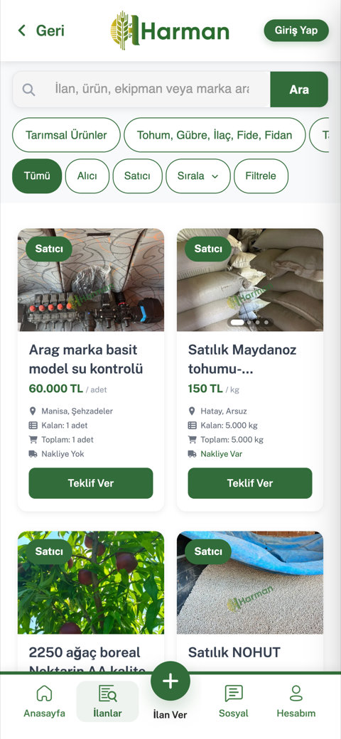Harman App İlanlar ekranı