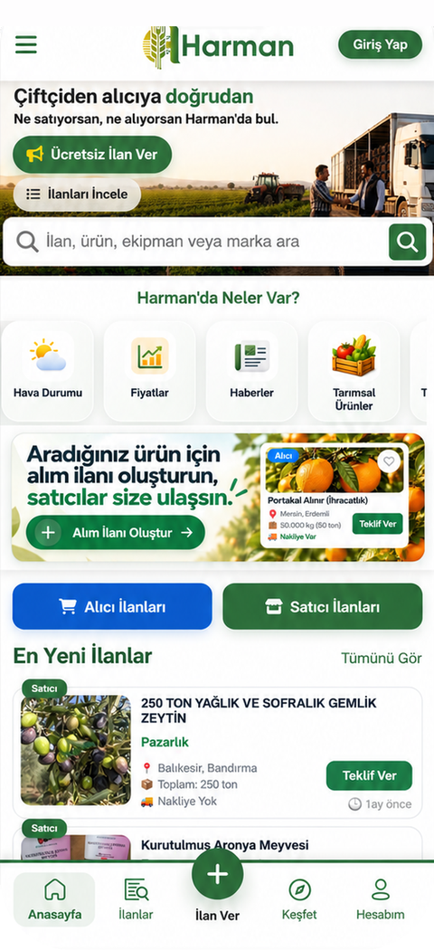 Harman App Anasayfa ekranı