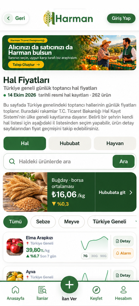 Harman App Hal Fiyatları ekranı