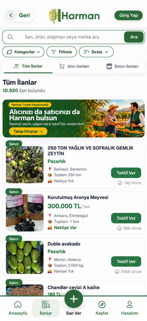 Harman App İlanlar ekranı
