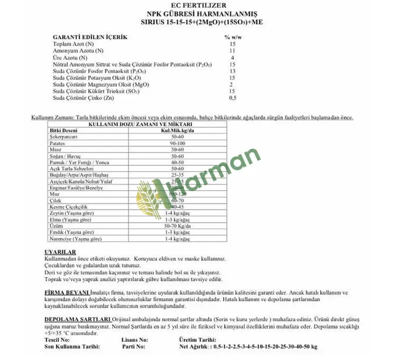 Agrosin Sirius 15-15-15 + 2 MgO + 15 SO3 + ME - 50 kg