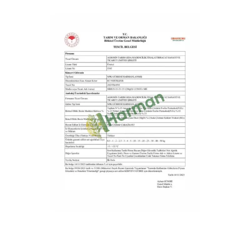 Agrosin Sirius 15-15-15 + 2 MgO + 15 SO3 + ME - 50 kg